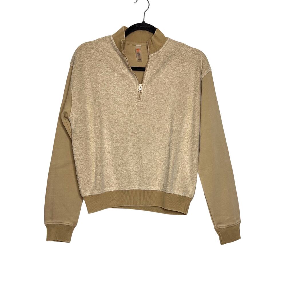 Mono B Fleece Half Zip Pullover Women’s Small Tan Beige Colorblock Sweatshirt